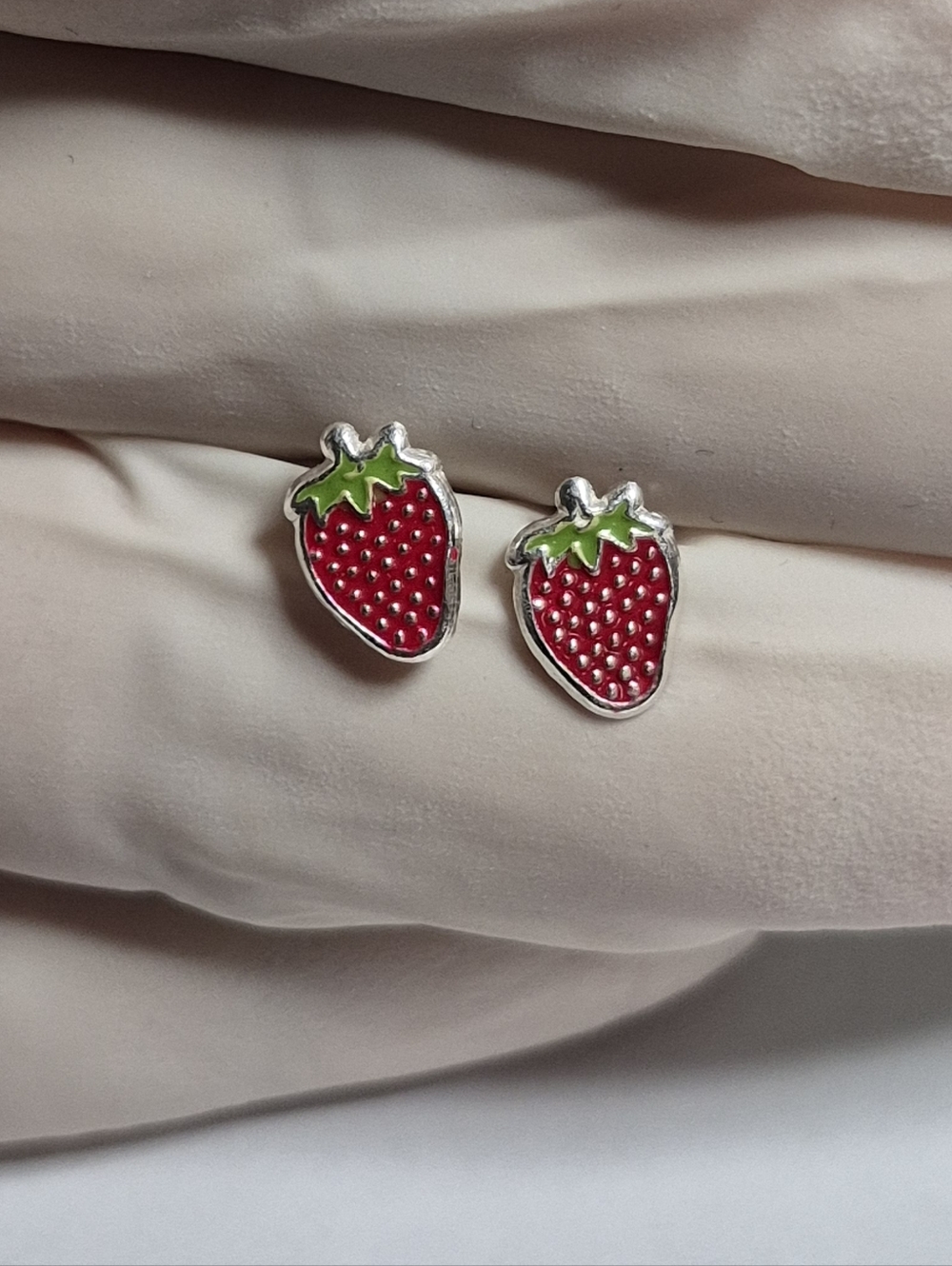 Authentic 925 Silver Earrings Strawberry Enamel Stud Earrings - Red & Green